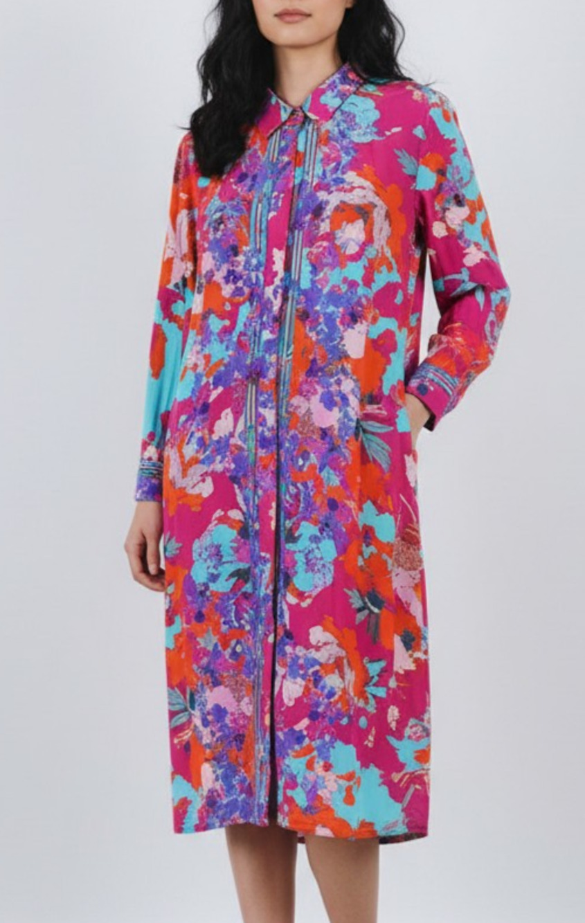 A5 Auth SOFT SURROUNDINGS Silk Floral Long Sleeve Button up Shirt Dress Size L